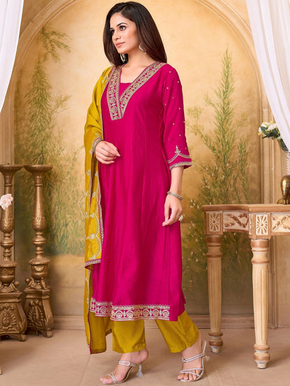 Embroidered V-Neck Kurta & Trousers With Dupatta