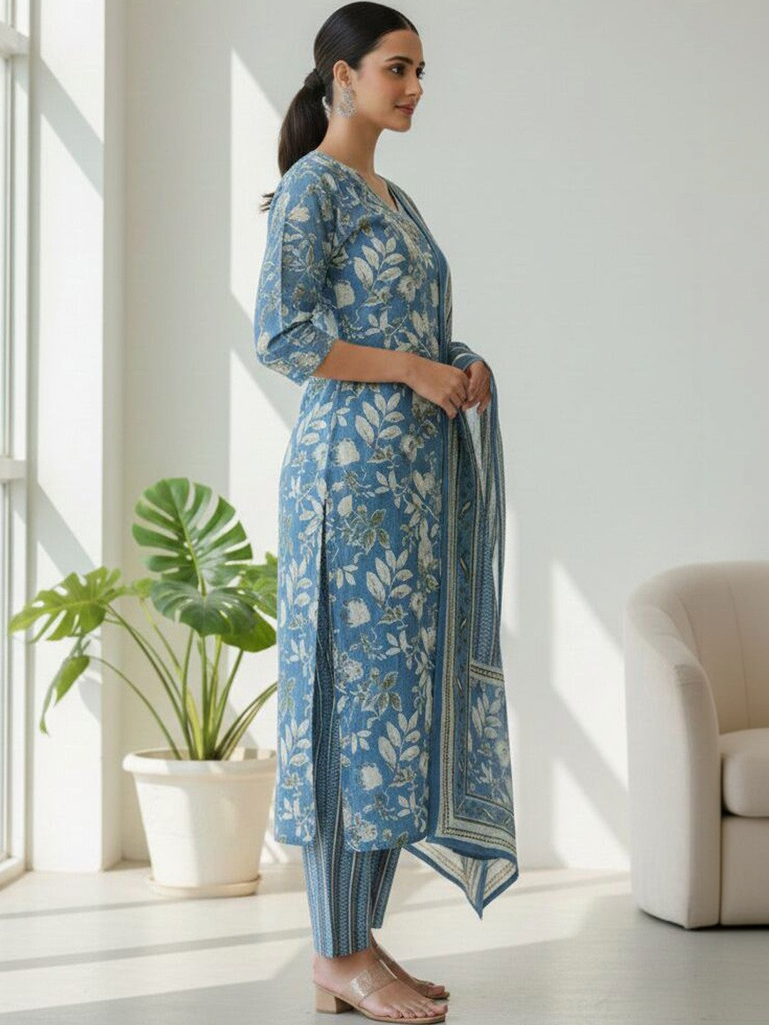 Printed Pure Cotton Round Neck Kurta & Trousers With Dupatta