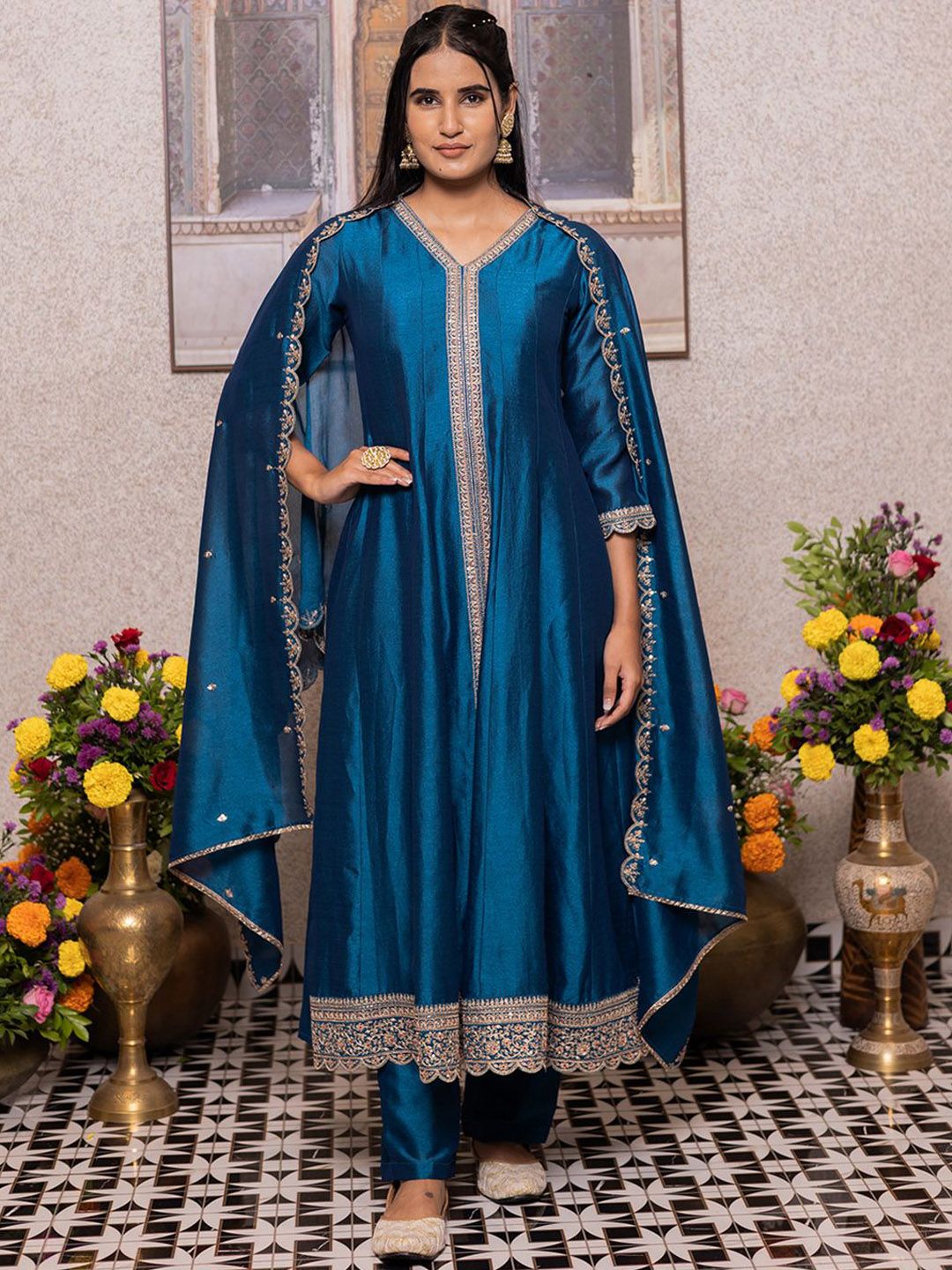 Dhiyona CH Women Floral Embroidered A-Line Kurta with Trousers & Dupatta