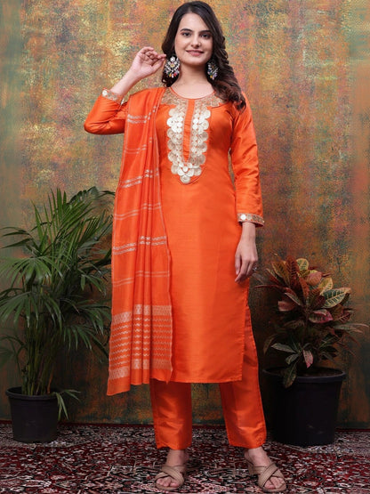 Women Embroidered Regular Sequinned Kurta with Trousers & With Dupatta