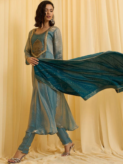 Dhiyona CH Women Woven Design A-Line Kurta with Trousers & Dupatta