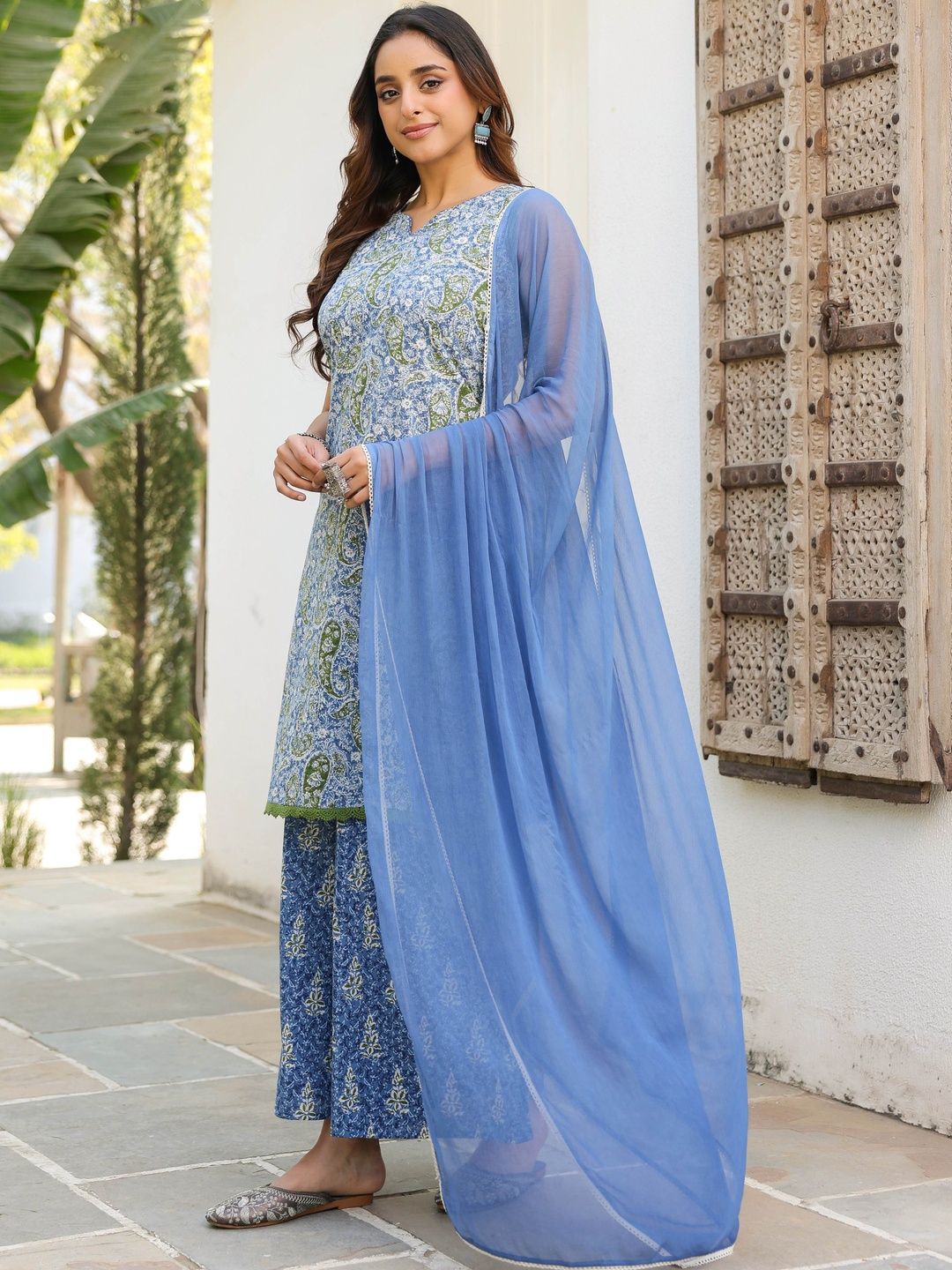 Dhiyona RR Women's Ethnic Motifs Printed Regular Pure Cotton Kurta with Palazzos & With Dupatta