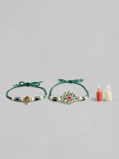 Dhiyona Unisex Set of 2 Beaded Bhai Bhabhi Rakhis With Roli & Chawal