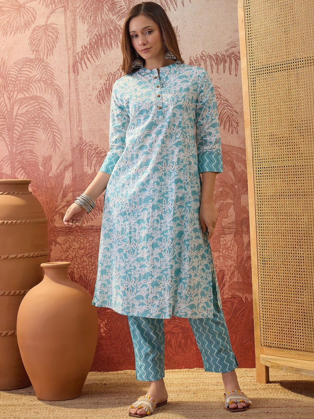 Dhiyona SN Printed Pure Cotton Mandarin Collar Kurta & Trousers Kurta Set