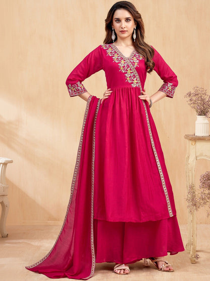Embroidered V-Neck Kurta & Palazzos With Dupatta