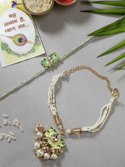 Dhiyona Unisex Set Of 2 Green Lotus Shape Kundan-Studded & Beaded Wraparound Rakhi Set