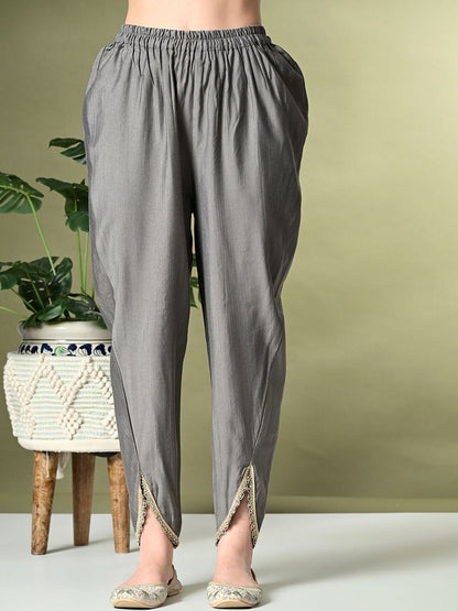 Grey Ethnic Motifs Yoke Design Beads & Stones A-Line Fusion Kurta Set