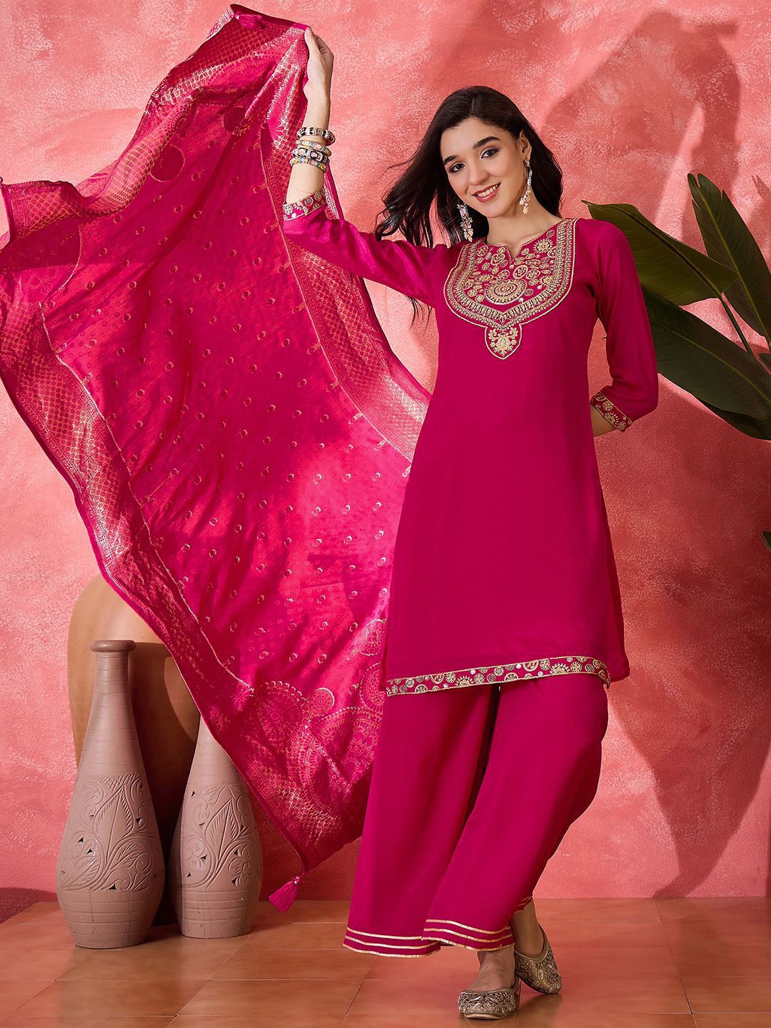 Dhiyona SN Sequinnd Woven Design Straight Kurta & Palazzo With Dupatta