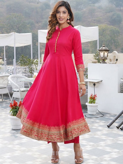 Dhiyona KL Ethnic Motifs Printed Mandarin Collar Anarkali Kurta with Trouser & Dupatta
