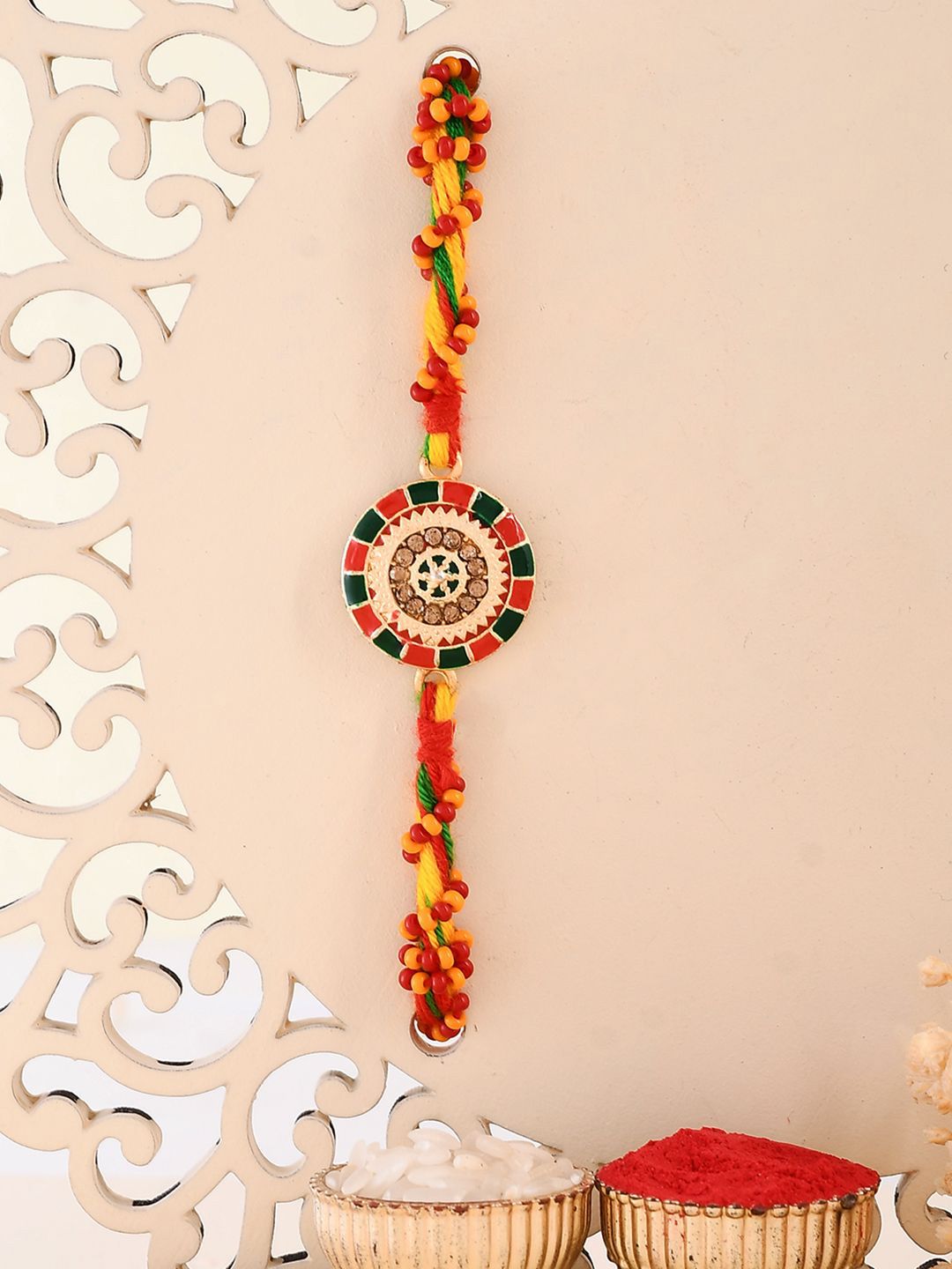Dhiyona Enameled Twisted Thread Rakhi With Roli Chawal & Greetings Card