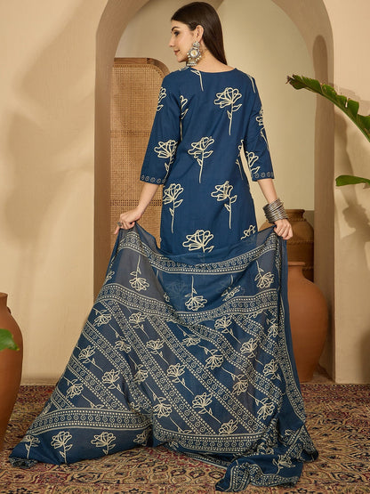 Women Teal Floral Printed Regular Mirror Work Kurta Set With Trousers & Dupatta
