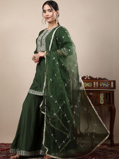 Dhiyona HOP Embroidered Round Neck Straight Kurti & Sharara With Dupatta