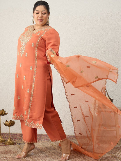 Plus Size Ethnic Motifs Embroidered Regular Kurta with Trousers & With Dupatta