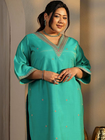 Dhiyona Women's Plus Size Ethnic Motifs Embroidered Kurta with Trouser & Dupatta