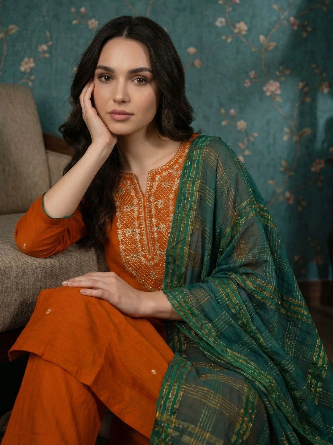 Women Ethnic Motifs Embroidered Regular Thread Work Kurta with Trousers & With Dupatta