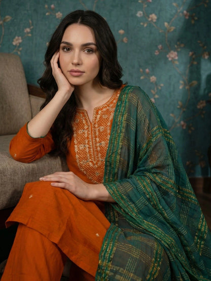 Women Ethnic Motifs Embroidered Regular Thread Work Kurta with Trousers & With Dupatta