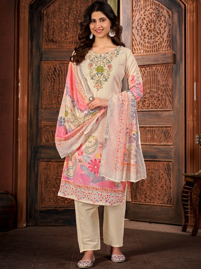 Printed Round Neck Kurta & Trousers With Dupatta