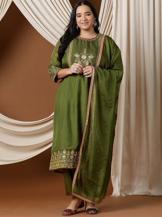 Dhiyona IN Women Floral Embroidered Regular Mukaish Kurta with Trousers & With Dupatta