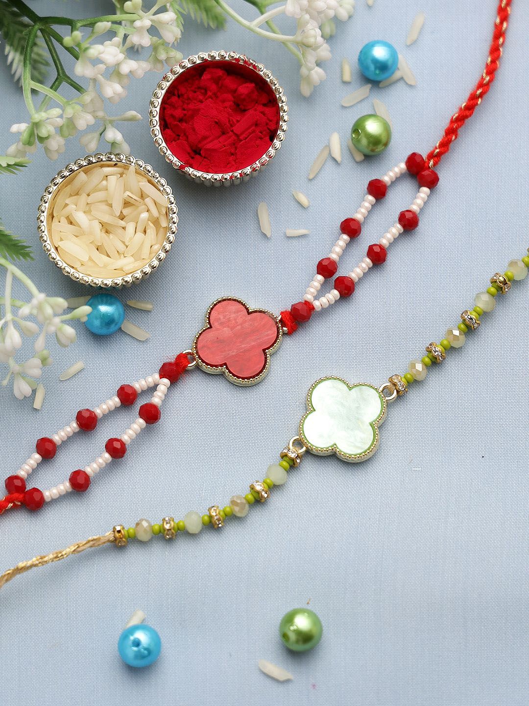 Dhiyona Set Of 2 Red Beaded Rakhi With Roli Rice & Greeting Card