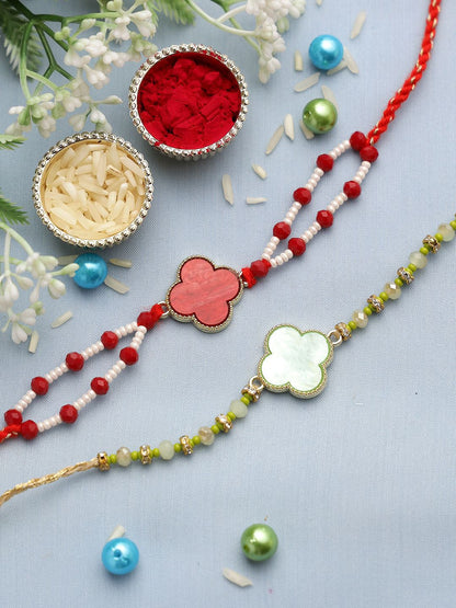 Dhiyona Set Of 2 Red Beaded Rakhi With Roli Rice & Greeting Card