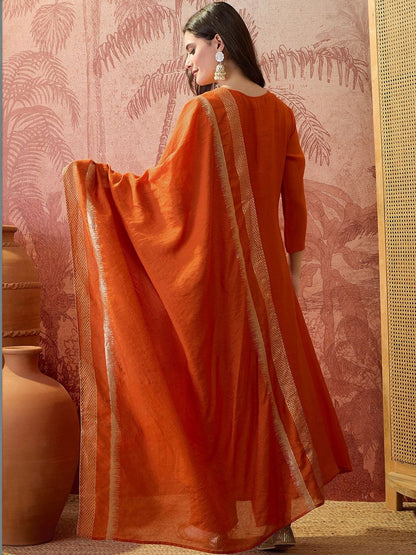 Embroidered Round Neck Kurta & Trousers With Dupatta