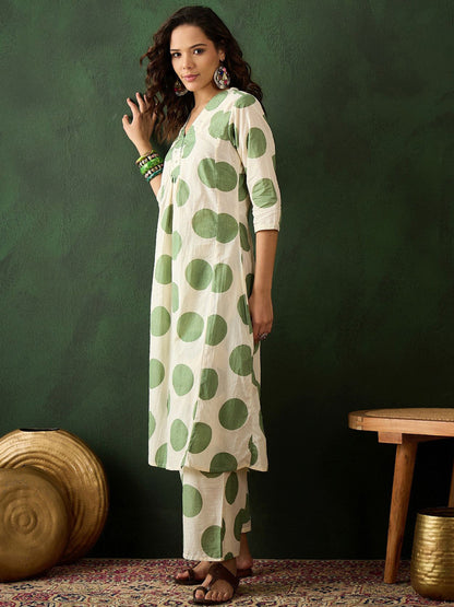 Green Dot Embroidered Pure Cotton Sequinned A-line Kurta With Trouser