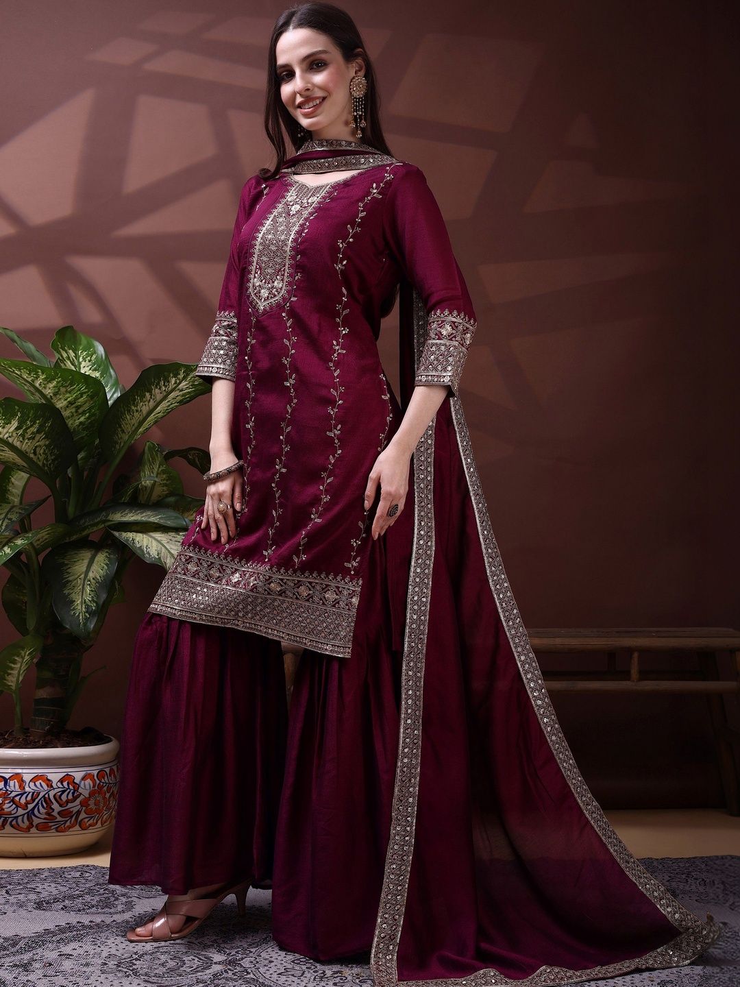Dhiyona SN Embroidered Round Neck Kurta & Sharara With Dupatta