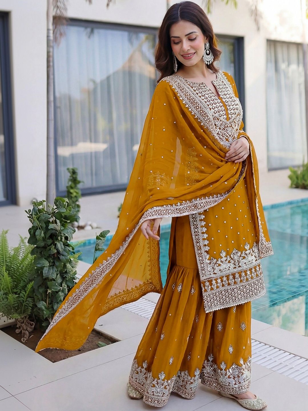Dhiyona SN Embroidered Round Neck Kurta & Sharara With Dupatta