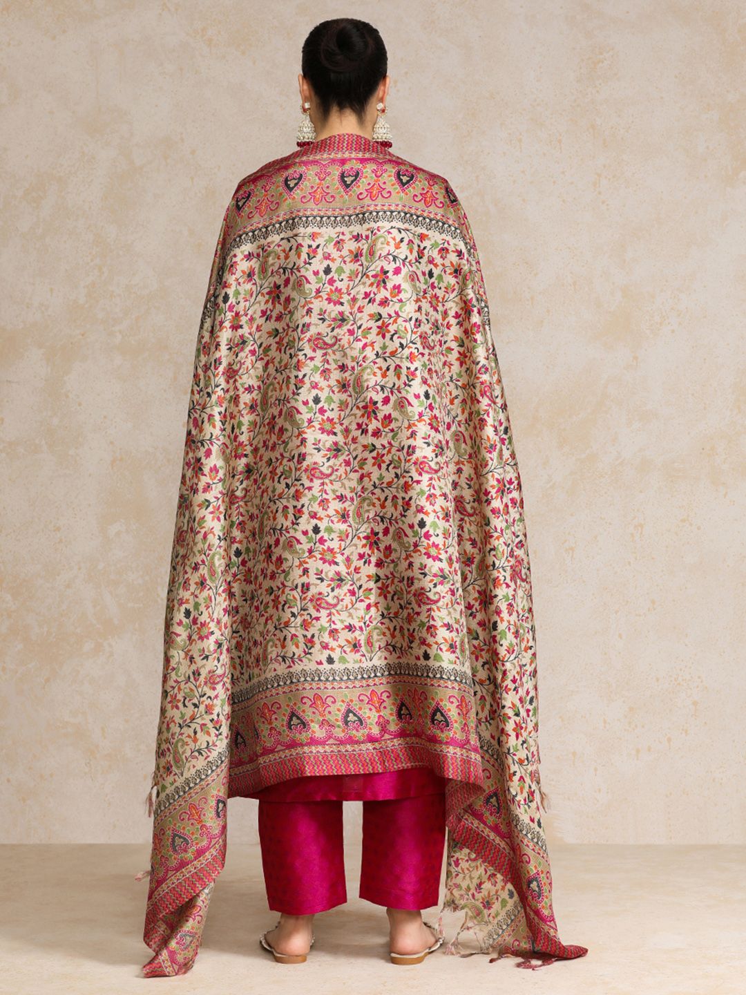 Pink Women Pink Zari Work textured Kurta with Trouser and Printed Dupatta