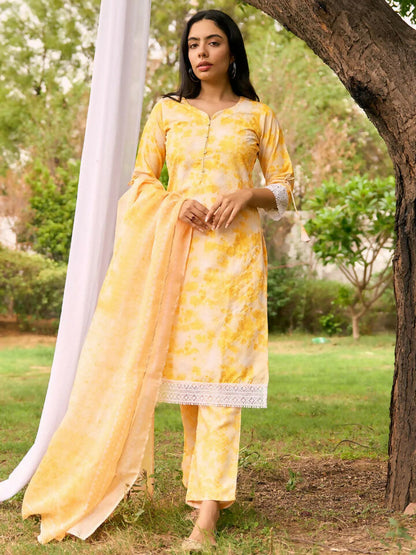 Women's LB Yellow Embroidered Cotton Blend Straight Suit With Dupatta