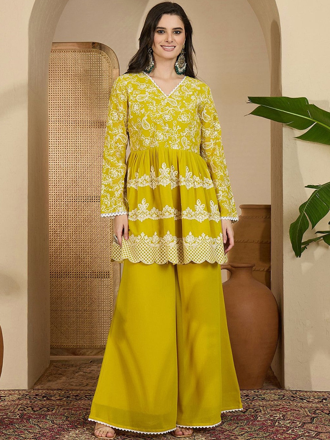 Embroidered V- Neck Kurta & Palazzos