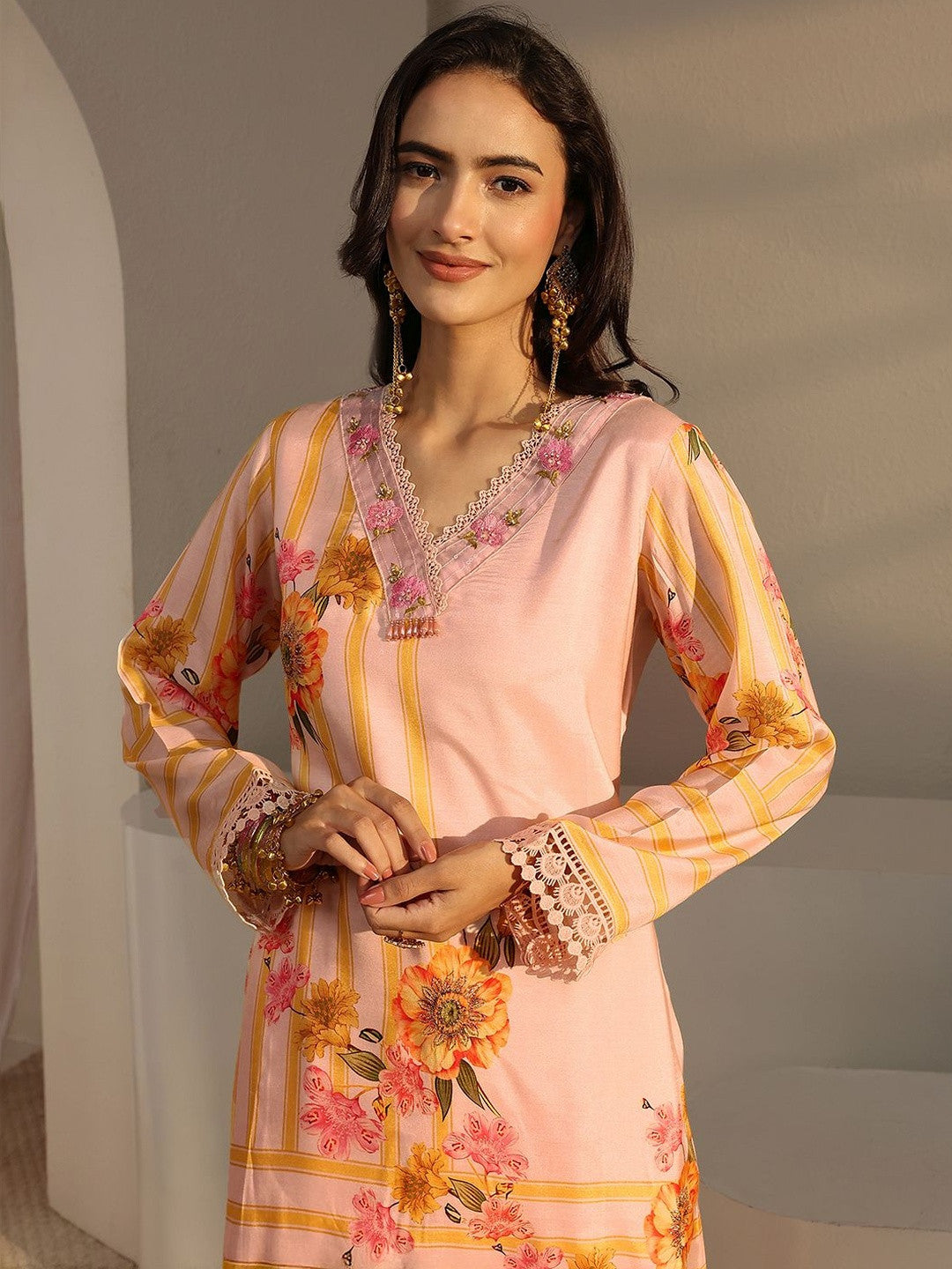 Peach Floral Printed Straight Kurta Set