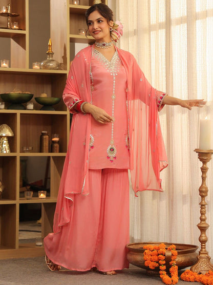 Dhiyona SC Ethnic Motifs Embroidered Thread Work Shimmer Tissue Kurti With Sharara Dupatta