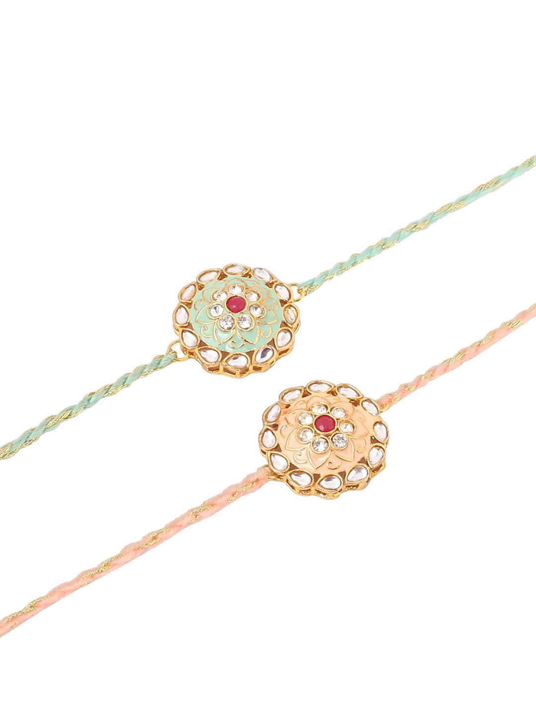 Dhiyona Kundan Studded Floral Bhaiya Bhabhi Rakhis With Roli Chawal Chandan & Mishri