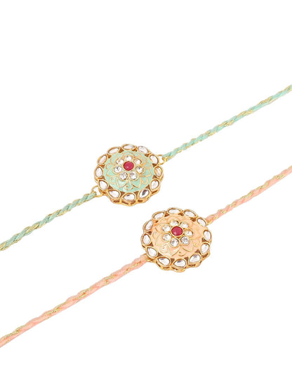 Dhiyona Kundan Studded Floral Bhaiya Bhabhi Rakhis With Roli Chawal Chandan & Mishri