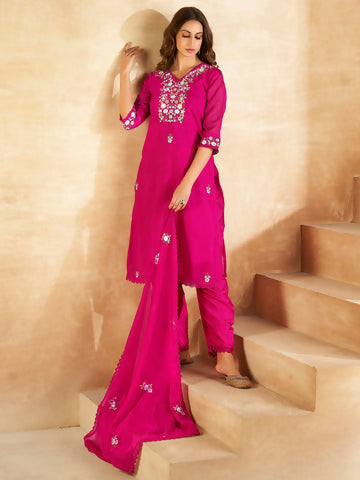 Women's Magenta Embroidered Straight Kurta Trousers With Dupatta set