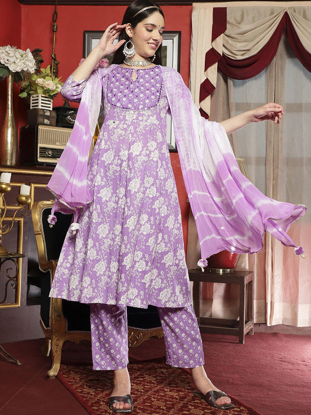 Mauve Floral Embroidered Round Neck Straight Kurta With Trouser And Dupatta