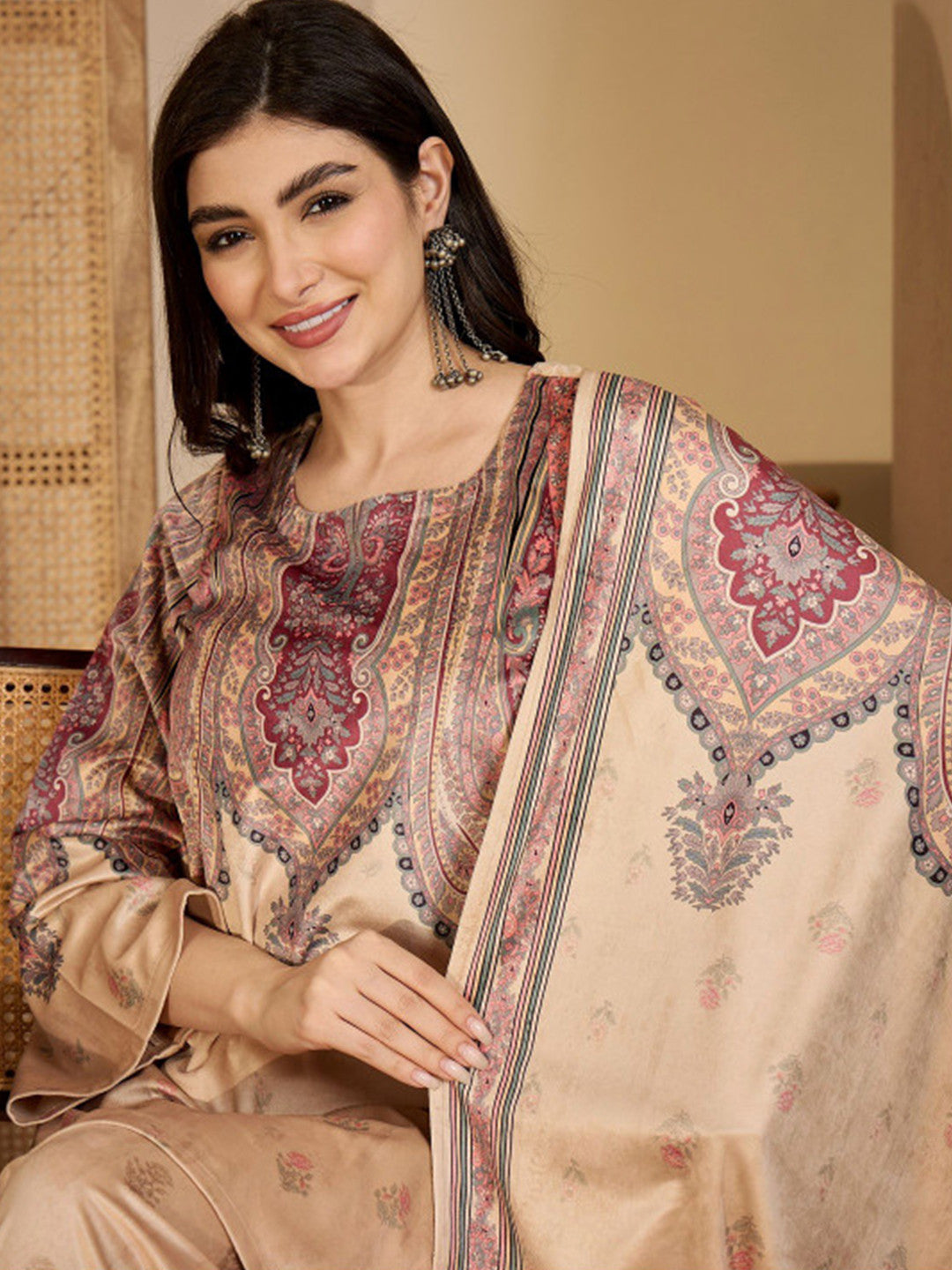 Winter Woven Design Velvet Round Neck Kurta & Palazzos With Dupatta