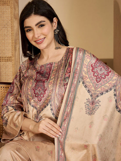 Winter Woven Design Velvet Round Neck Kurta & Palazzos With Dupatta