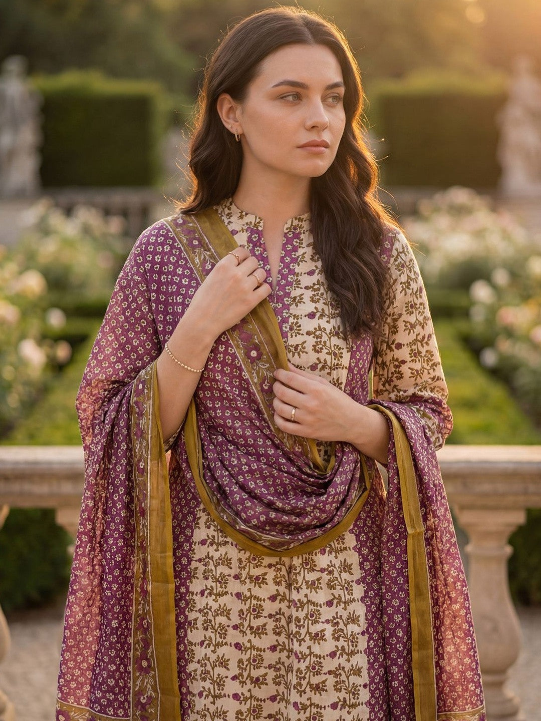 Women Floral Printed Regular Beads and Stones Pure Cotton Kurta with Trousers & With Dupatta