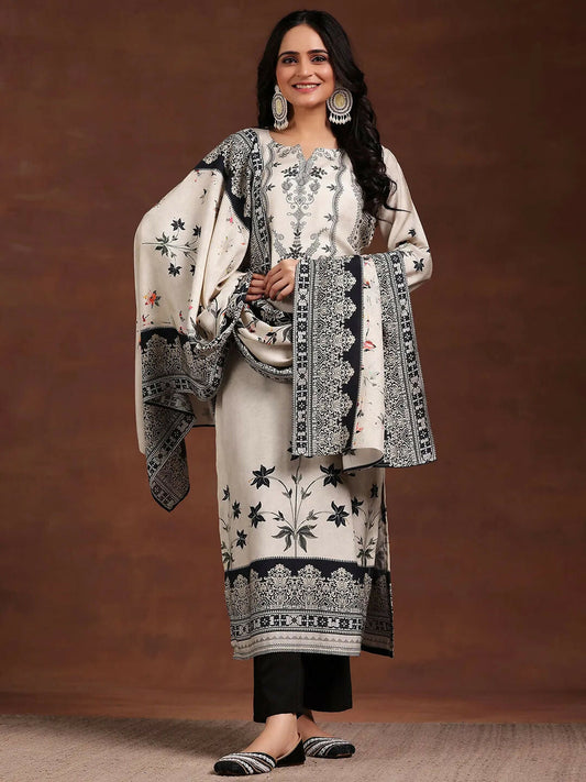 Women's LB Monochrome Printed Silk Blend Straight Suit With Dupatta