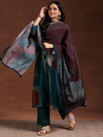 Women's LB Teal Printed Silk Blend Straight Suit With Dupatta