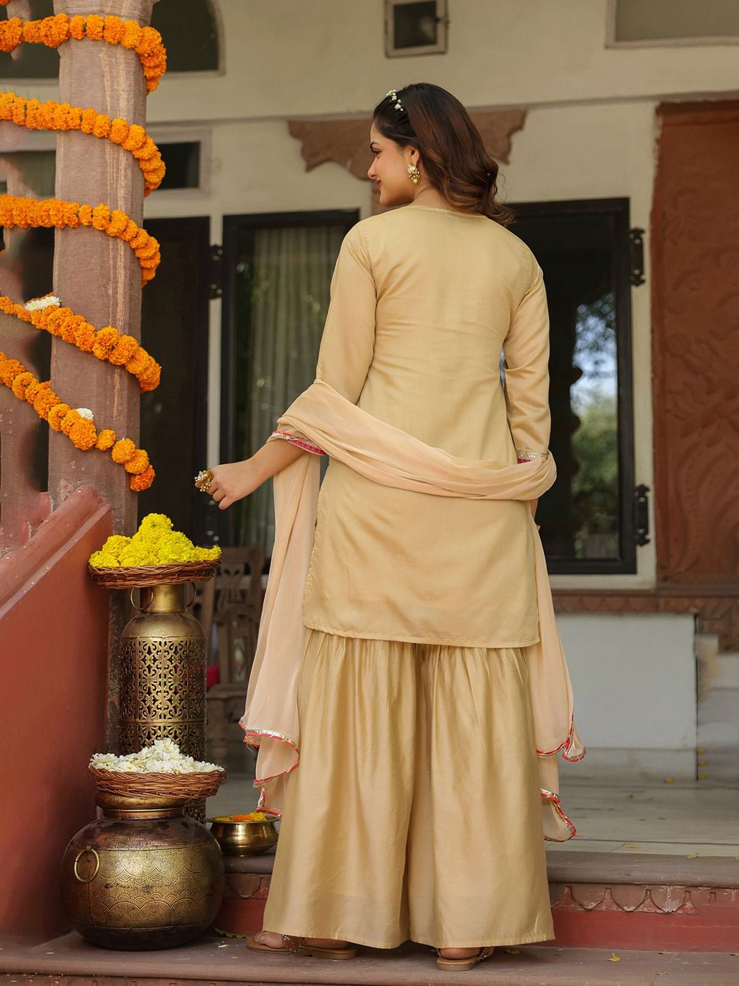 Dhiyona SC Women Beige Chanderi Silk Embroidered Sharara Set