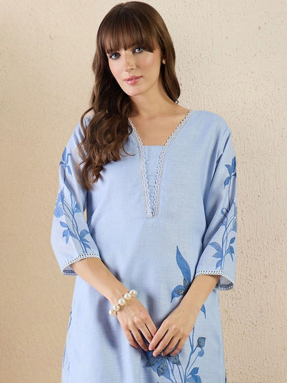 Women Floral Printed Regular Linen Kurta with Trousers & With Dupatta