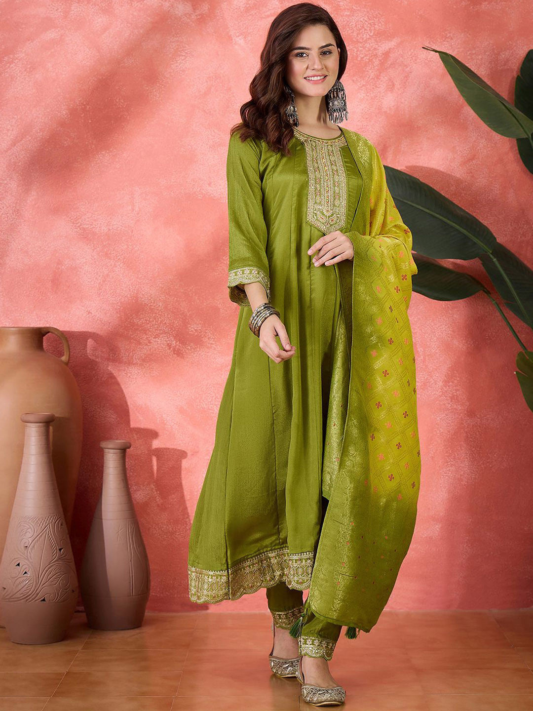 Floral Embroidered Round Neck Sequinned A-Line Kurta With Trousers & Dupatta