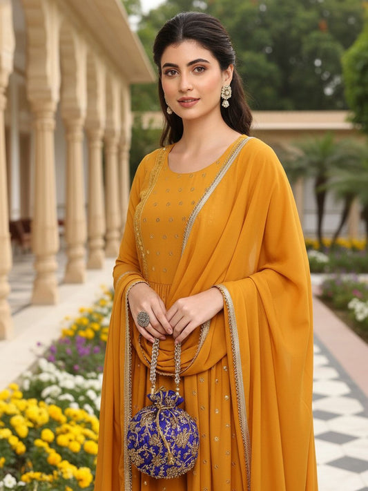 Dhiyona KL Floral Embroidered Pleated Sequinned A-Line Kurta With Palazzos & Dupatta