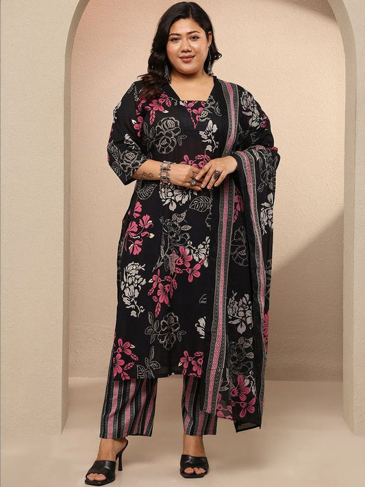 Dhiyona Women's Plus Size Floral Printed Regular Kurta with Trousers & With Dupatta