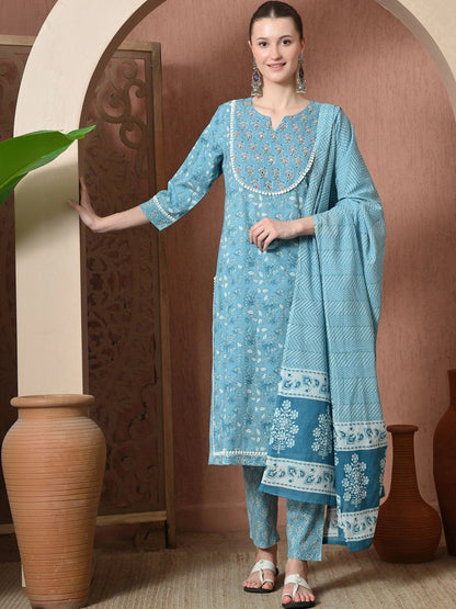 Women Floral Printed Regular Pure Cotton Kurta with Trousers & With Dupatta