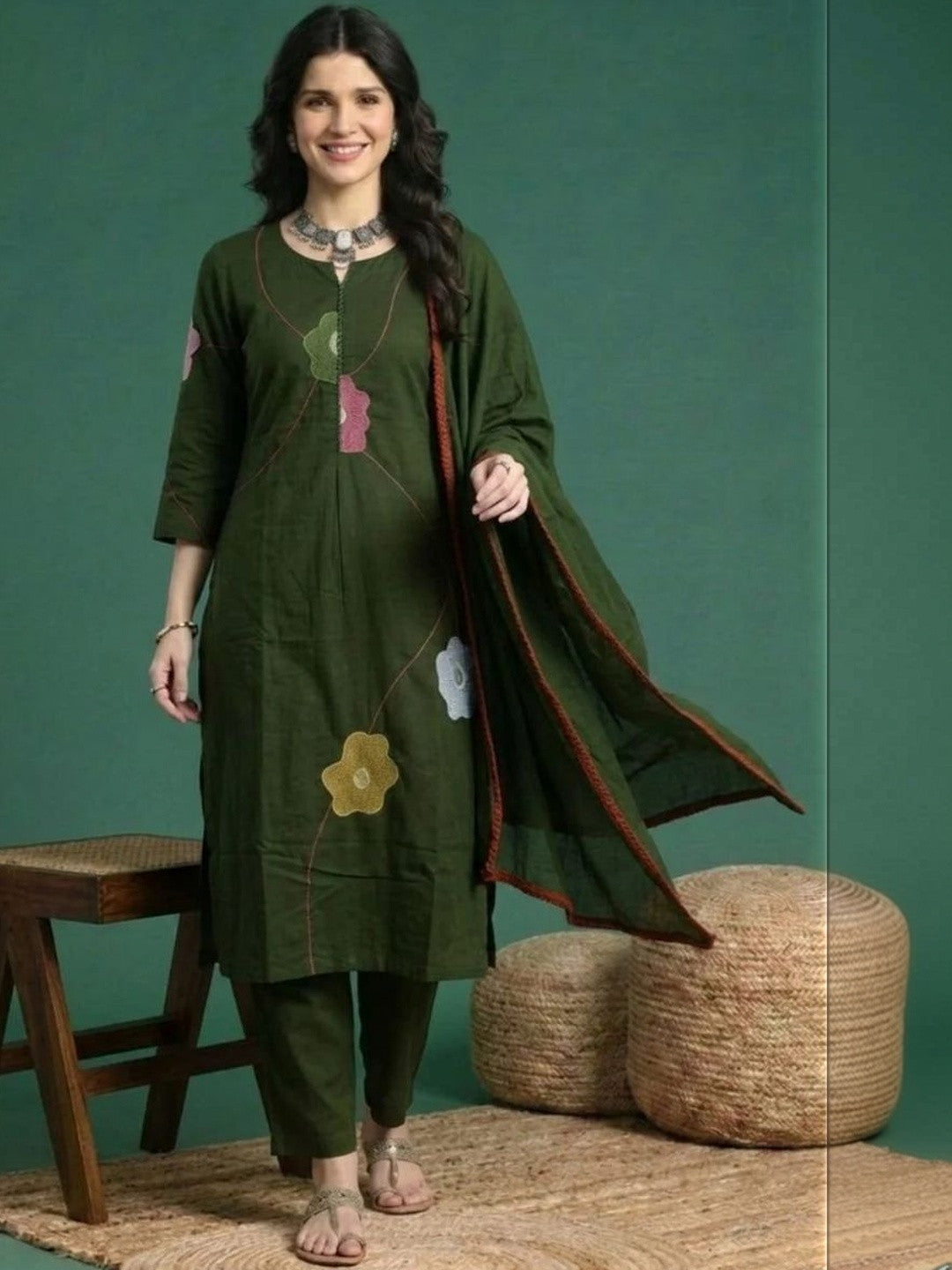 Dhiyona SN Embroidered Cotton Round Neck Kurta & Trousers With Dupatta