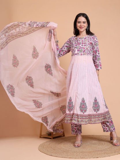 Dhiyona KL Women Floral Printed Regular Pure Cotton Kurta with Trousers & With Dupatta
